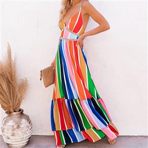 Fashion Rainbow Stripes Print Deep V  Backless Lace Stitching Ruffle Maxi Slip Dress N21016