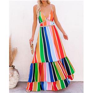 Fashion Rainbow Stripes Print Deep V  Backless Lace Stitching Ruffle Maxi Slip Dress N21016