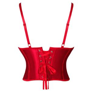 Retro Red Backless Spaghetti Straps 13 Plastic Bones Lace-up Underbust Corset N23313