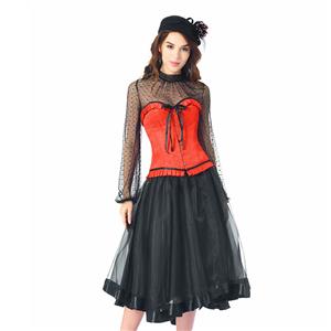 Fashion Red Brocade Ruffles Corset Black Polka Dots Blouse High-waisted Skirt Set N20242
