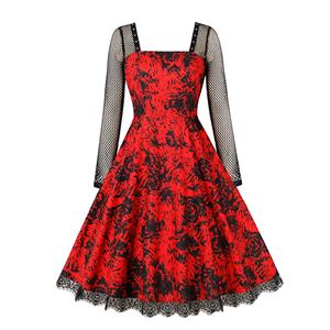 Fashion Red Black Rose Square Collar Long Sleeve High Waist A-line Midi Dress N23130