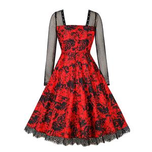 Fashion Red Black Rose Square Collar Long Sleeve High Waist A-line Midi Dress N23130