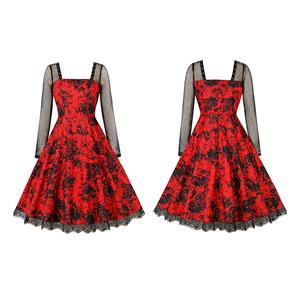 Fashion Red Black Rose Square Collar Long Sleeve High Waist A-line Midi Dress N23130