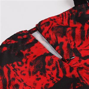 Fashion Red Black Rose Square Collar Long Sleeve High Waist A-line Midi Dress N23130