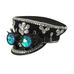 Steampunk Rivets and Rhinestones Police Cap with Goggles Nightclub Cosplay Costume Hat J22558