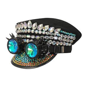 Steampunk Rivets and Rhinestones Police Cap with Goggles Nightclub Cosplay Costume Hat J22559