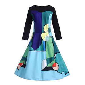 Fashion Round Neckline Geometric Patterns Long Sleeves High Waist Midi Dress N18285
