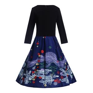 Fashion Round Neckline Colorful Flowers Print Long Sleeves High Waist Midi Dress N18286