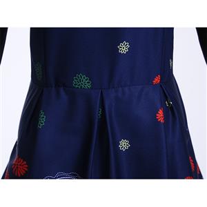 Fashion Round Neckline Colorful Flowers Print Long Sleeves High Waist Midi Dress N18286
