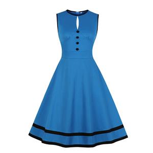 Sexy Blue Round Neck Sleeveless High Waist Contrast Color Summer Big Swing Dress N21348