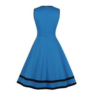 Sexy Blue Round Neck Sleeveless High Waist Contrast Color Summer Big Swing Dress N21348