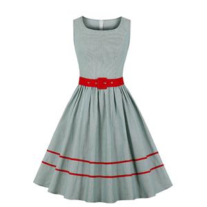 Fashion Light-green Square Collar Sleeveless Pinstripe Belt High Waist Summer Swing Dress N21333