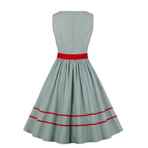 Fashion Light-green Square Collar Sleeveless Pinstripe Belt High Waist Summer Swing Dress N21333