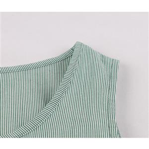 Fashion Light-green Square Collar Sleeveless Pinstripe Belt High Waist Summer Swing Dress N21333