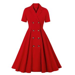 Fashion Red Lapel Short Sleeve Button High Waist A-line Swing Dress N20967