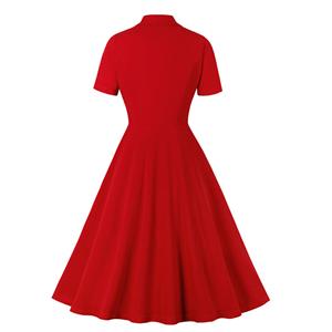 Fashion Red Lapel Short Sleeve Button High Waist A-line Swing Dress N20967