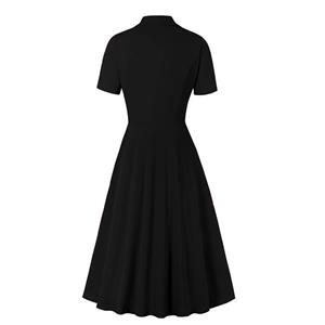 Fashion Black Lapel Short Sleeve Button High Waist A-line Swing Dress N23038