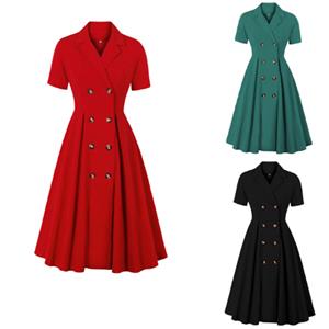 Fashion Green Lapel Short Sleeve Button High Waist A-line Swing Dress N23039