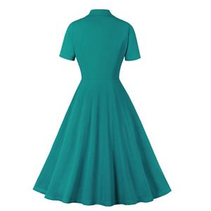 Fashion Green Lapel Short Sleeve Button High Waist A-line Swing Dress N23039