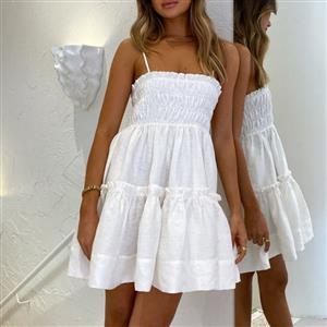 Sexy Spaghetti Straps Elastic Pleated Bodice High Waist Casual Summer Party Mini Dress N21737