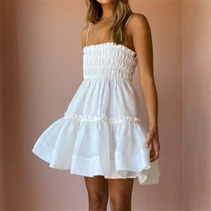 Sexy Spaghetti Straps Elastic Pleated Bodice High Waist Casual Summer Party Mini Dress N21737