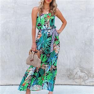 Fashion Tropical Rainforest Print Spaghetti Straps Lace-up Ruffle Slip Big Swing Maxi Dress N21184