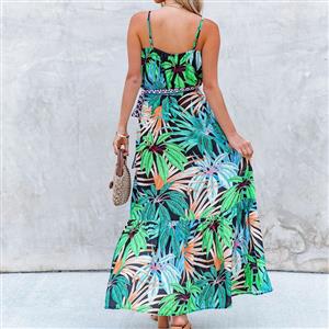 Fashion Tropical Rainforest Print Spaghetti Straps Lace-up Ruffle Slip Big Swing Maxi Dress N21184