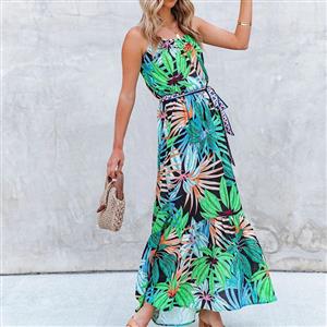 Fashion Tropical Rainforest Print Spaghetti Straps Lace-up Ruffle Slip Big Swing Maxi Dress N21184