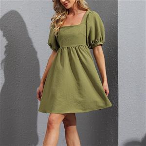 Fashion Square Neck Solid Color Puff Sleeve Back Bow High Waist Party Babydoll A-line Dress N21662