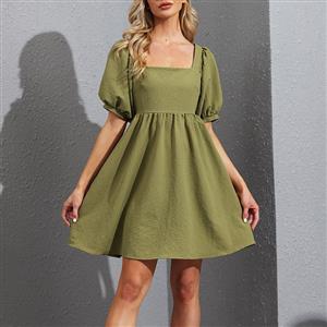 Fashion Square Neck Solid Color Puff Sleeve Back Bow High Waist Party Babydoll A-line Dress N21662