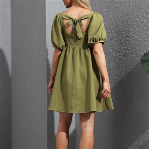 Fashion Square Neck Solid Color Puff Sleeve Back Bow High Waist Party Babydoll A-line Dress N21662