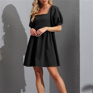 Fashion Square Neck Puff Sleeve Back Bow High Waist Party Babydoll Loose Little Black Dress N21663