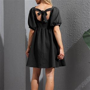 Fashion Square Neck Puff Sleeve Back Bow High Waist Party Babydoll Loose Little Black Dress N21663