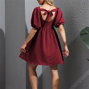 Fashion Square Neck Puff Sleeve Back Bow High Waist Party Babydoll A-line Mini Dress N21664