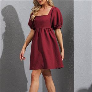 Fashion Square Neck Puff Sleeve Back Bow High Waist Party Babydoll A-line Mini Dress N21664