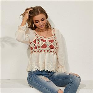 Fashion Square Collar Long Lantern Sleeve Hollow out Embroidery Lace Spring Shirt N20928