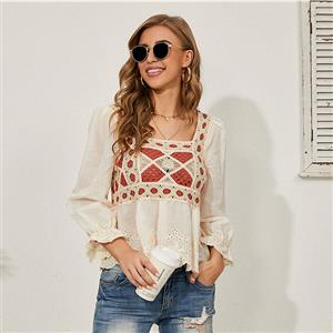 Fashion Square Collar Long Lantern Sleeve Hollow out Embroidery Lace Spring Shirt N20928
