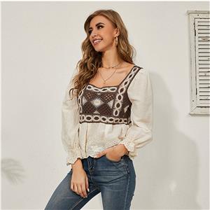 Fashion Square Collar Long Lantern Sleeve Hollow out Embroidery Lace Spring Shirt N20929