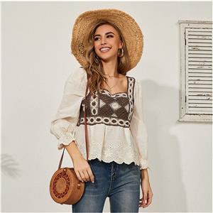 Fashion Square Collar Long Lantern Sleeve Hollow out Embroidery Lace Spring Shirt N20929