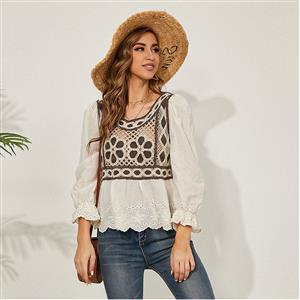 Retro Square Collar Long Lantern Sleeve Flowers Embroidery Hollow Lace Shirt N20930
