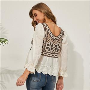 Retro Square Collar Long Lantern Sleeve Flowers Embroidery Hollow Lace Shirt N20930