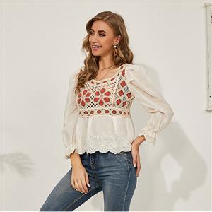 Retro Square Collar Long Lantern Sleeve Flowers Embroidery Hollow Lace Shirt N20931
