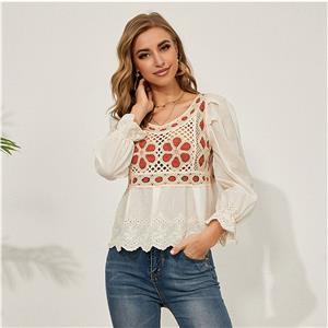 Retro Square Collar Long Lantern Sleeve Flowers Embroidery Hollow Lace Shirt N20931
