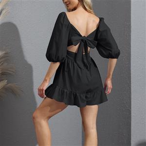 Fashion Square Neck Half Puff Sleeve Back Bow High Waist Flared Legs Casual Short Jumpsuit N21656