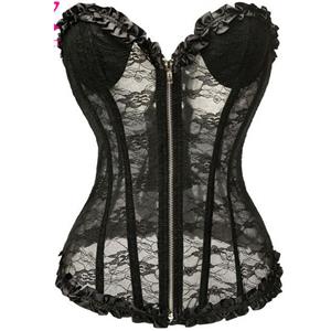 Zipper Corset, Zipper Black Strapless Corset, Fashion Steampunk Black Lace Corset, Sexy Fashion Zipper Black See-through Strapless Plastic Bones Corset,#N22638