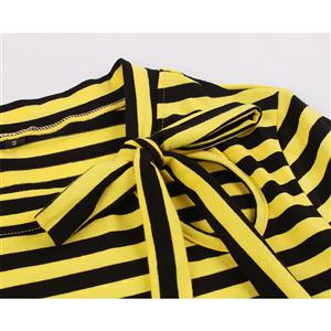 Fashion Yellow And Black Striped Round Neck Short Sleeve High Waist Midi Dress N19809