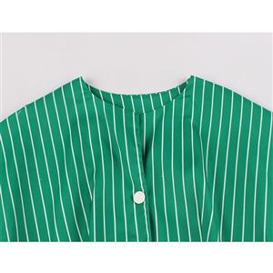 Fashion Striped Stand-up Collar Short Sleeve High Waist Buttons Midi Swing Dress N20946