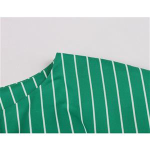 Fashion Striped Stand-up Collar Short Sleeve High Waist Buttons Midi Swing Dress N20946