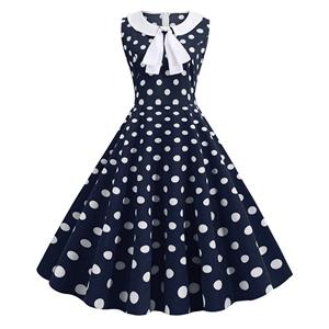 Fashion Turn-down Bowknot Collar Sleeveless Polka Dots Print Summer A-line Swing Dress N20316