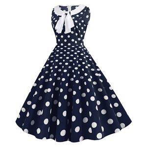 Fashion Turn-down Bowknot Collar Sleeveless Polka Dots Print Summer A-line Swing Dress N20316